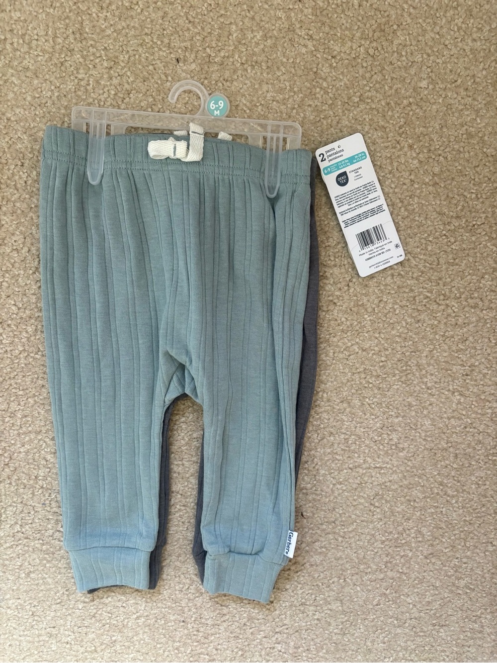 Brand New Gerber 6-9 months 2-Pack Ribbed Baby Leggings - Sage & Charcoal